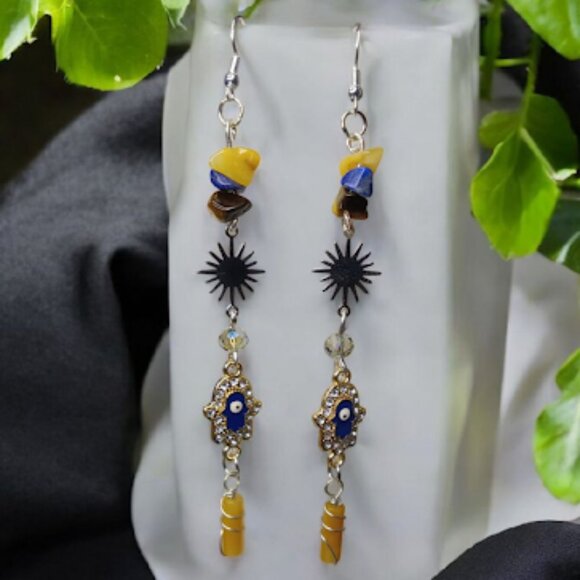 Yellow Aventurine, Lapis Lazuli, and Tigers Eye Sunburst Hamsa Hand Earrings - Picture 1 of 8